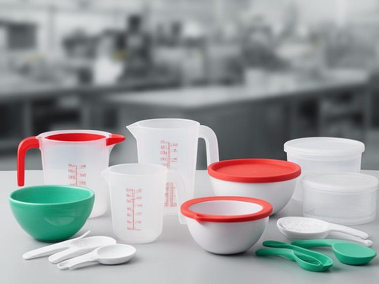 Sortiment an Kunststoff-Küchenhelfern neben Schüsseln und Behältern in einer modernen Produktionsumgebung