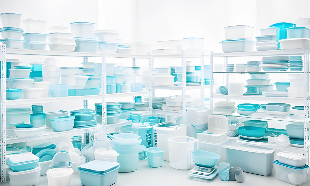 Breite Produktübersicht mit Kunststoff-Haushaltswaren in einem hellen Showroom in Zürich