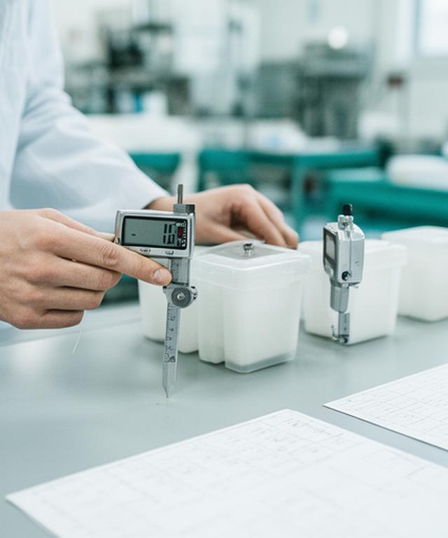 Qualitätsprüfung von Kunststoffbehältern mit Messmitteln und Prüfprotokollen in einem hellen Zürcher Produktionsraum