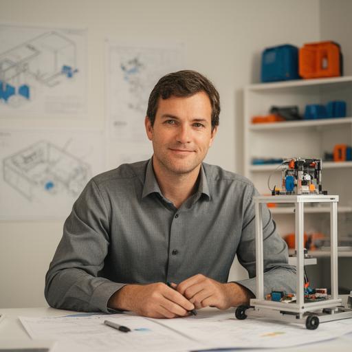 Michael Baumann im Besprechungsraum vor technischen Plänen und einem Musterregal