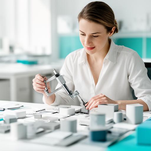 Samira Widmer an einem hellen Arbeitsplatz mit Produktmustern und Messschieber