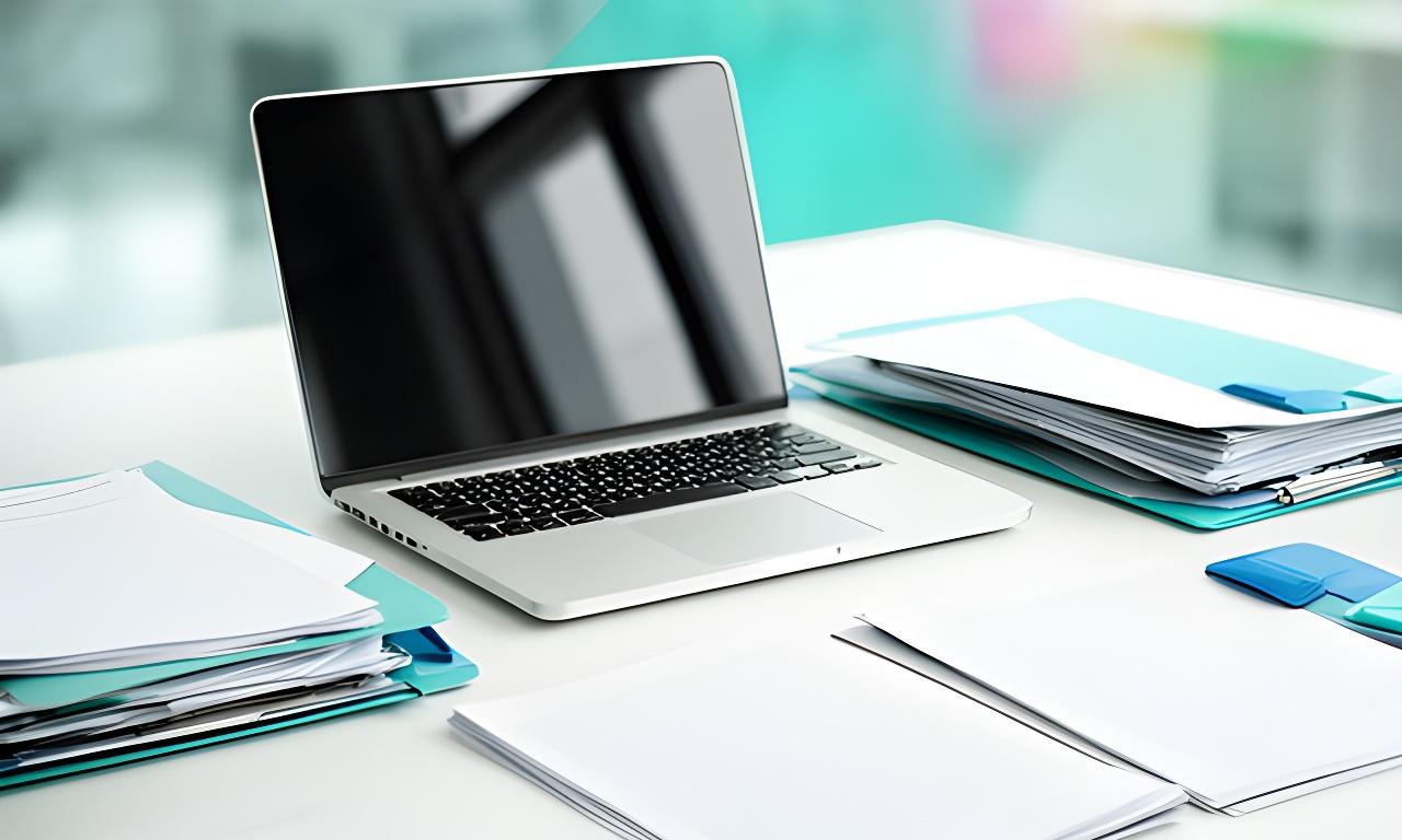 Modernes Büro mit geordneten Unterlagen, Laptop und gedruckten Datenschutzdokumenten auf einem hellen Tisch